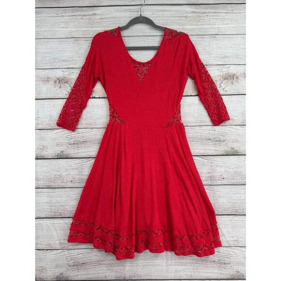 Free People 3/4 Sleeve Lace Cutout Fit & Flare Mini Dress Women's Size Small Red - Picture 1 of 12